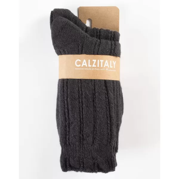 CALZITALY PACK 2 PAIRS Winter Cable Knitted Socks Alpaca Wool Socks Ladies Warm Socks One Size Made in ItalyBlack