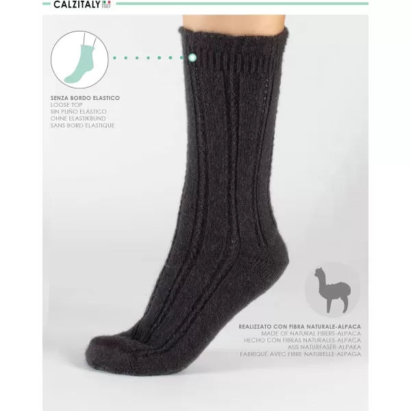 CALZITALY PACK 2 PAIRS Winter Cable Knitted Socks Alpaca Wool Socks Ladies Warm Socks One Size Made in ItalyBlack