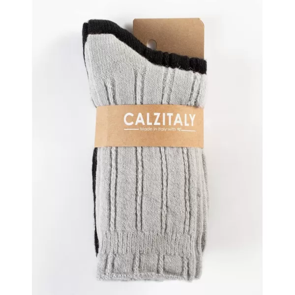 CALZITALY PACK 2 PAIRS Winter Cable Knitted Socks Alpaca Wool Socks Ladies Warm Socks One Size Made in ItalyBlackgrey