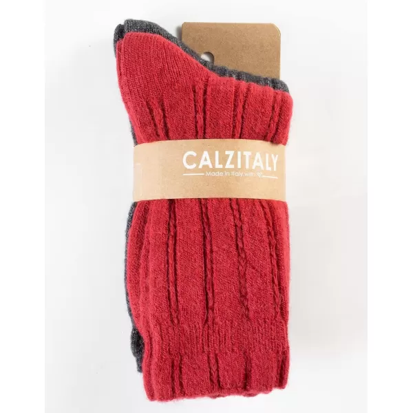 CALZITALY PACK 2 PAIRS Winter Cable Knitted Socks Alpaca Wool Socks Ladies Warm Socks One Size Made in ItalyBodeauxdark Grey