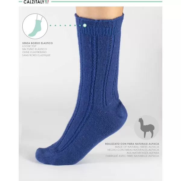 CALZITALY PACK 2 PAIRS Winter Cable Knitted Socks Alpaca Wool Socks Ladies Warm Socks One Size Made in ItalyGreyblue