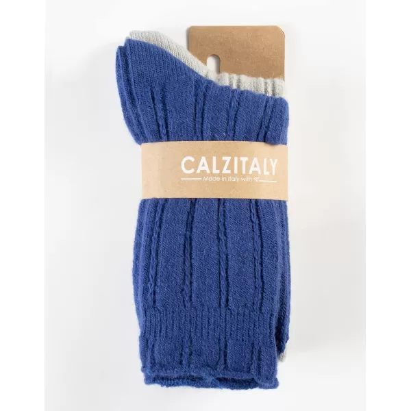 CALZITALY PACK 2 PAIRS Winter Cable Knitted Socks Alpaca Wool Socks Ladies Warm Socks One Size Made in ItalyGreyblue