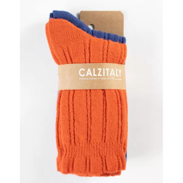 CALZITALY PACK 2 PAIRS Winter Cable Knitted Socks Alpaca Wool Socks Ladies Warm Socks One Size Made in ItalyOrangeblue