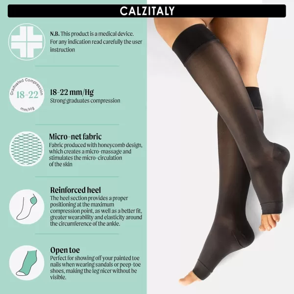 Open Toe Graduated Compressione Knee High Socks  1822 mmHg Medical Socks  BlackSkin  SXL  140 DEN  Made in ItalyBlack