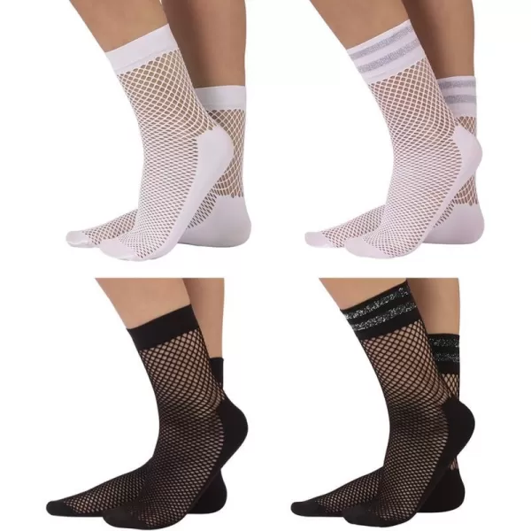 CALZITALY 4 Pairs Woman Fishnet Socks  Lurex Net Ankle Socks with Comfort Sole  White Black  One Size  Made in ItalyCALZITALY 4 Pairs Woman Fishnet Socks  Lurex Net Ankle Socks with Comfort Sole  White Black  One Size  Made in Italy