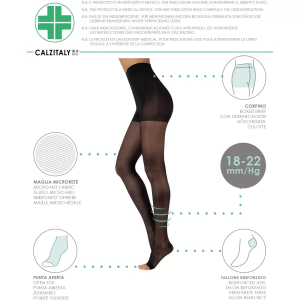 CALZITALY Graduated Compression Pantyhose  1822 mmHg Open Toe Tights  BlackSkin  SMLXL  140 DEN  Made in ItalyBlack