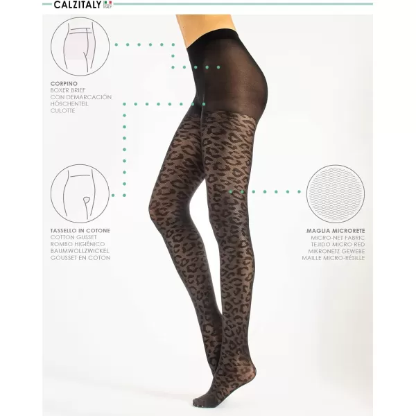 CALZITALY Opaque Tights with Leopard Animal Pattern  Black  SM LXL  50 DEN  Made in ItalyBlack