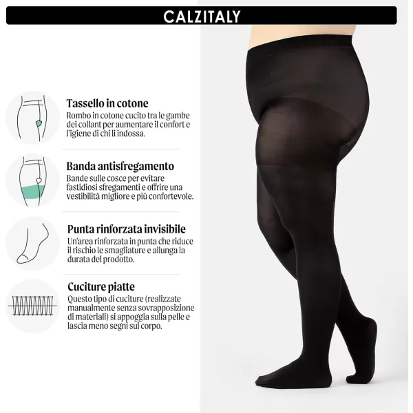 CALZITALY Plus Sizes AntiChafing Opaque Tights  60 DEN  L  4XL  Black  Italian HosieryBlack