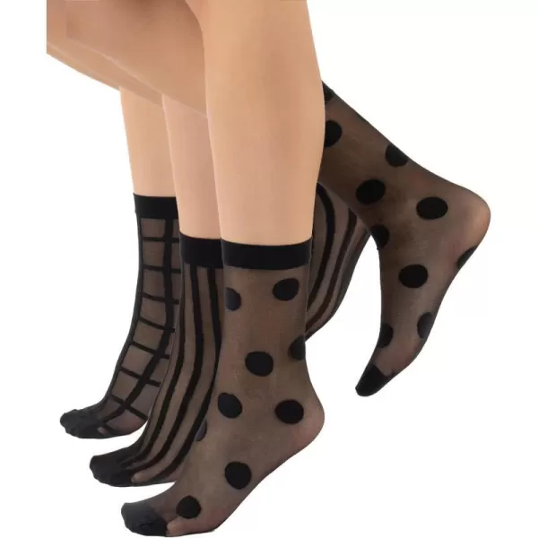 CALZITALY 3 Pairs Women Pop Socks Sheer Everyday Ankle Socks in 3 Different Designs Dots Stripes and Geometric  One Size BlackCALZITALY 3 Pairs Women Pop Socks Sheer Everyday Ankle Socks in 3 Different Designs Dots Stripes and Geometric  One Size Black