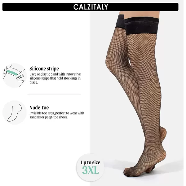 CALZITALY  Fishnet Thigh High Pantyhose Lace Top Pantyhose S ML Black Skin Italian HosieryBlackplain Band