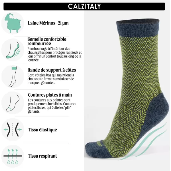 CALZITALY 3 Pairs of Merino Wool Crew Socks with Zig Zag  Bordeaux Green Blue  Men 3512 Women 511  Made in ItalyBlackblueteal