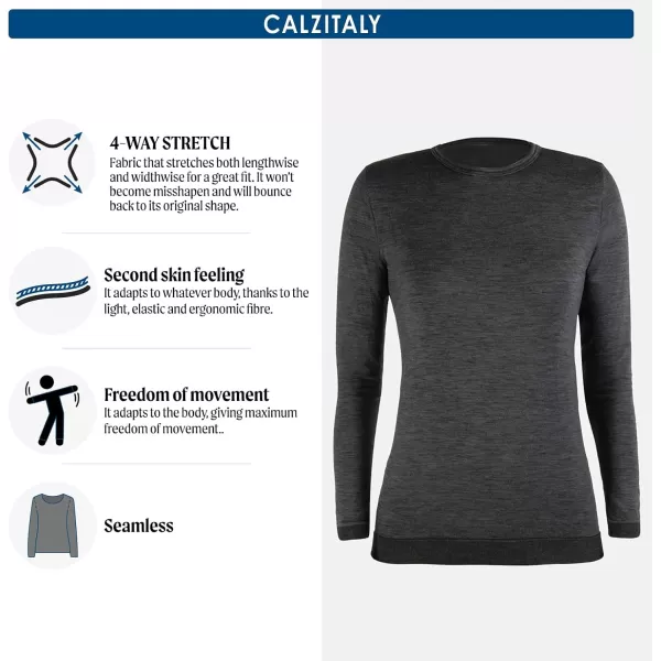 CALZITALY Merino Wool Base Layer Top Thermal Long Sleeve TShirt Thermal Underwear for Men and Women Made in Italy