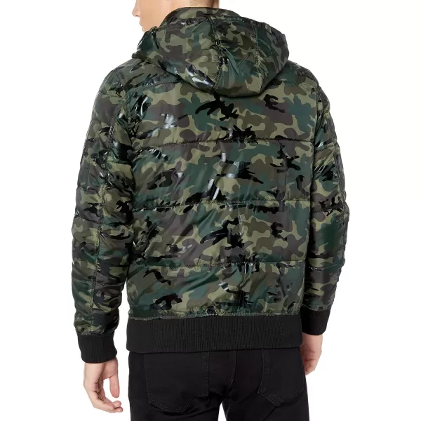 GUESS Mens MidWeight Puffer Jacket With Removable HoodOlive Camo