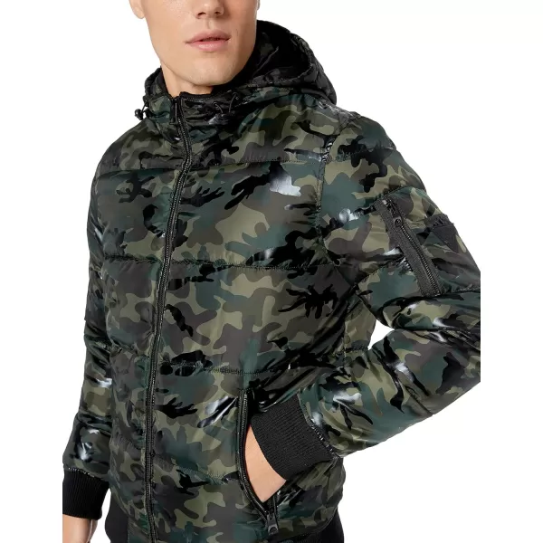 GUESS Mens MidWeight Puffer Jacket With Removable HoodOlive Camo