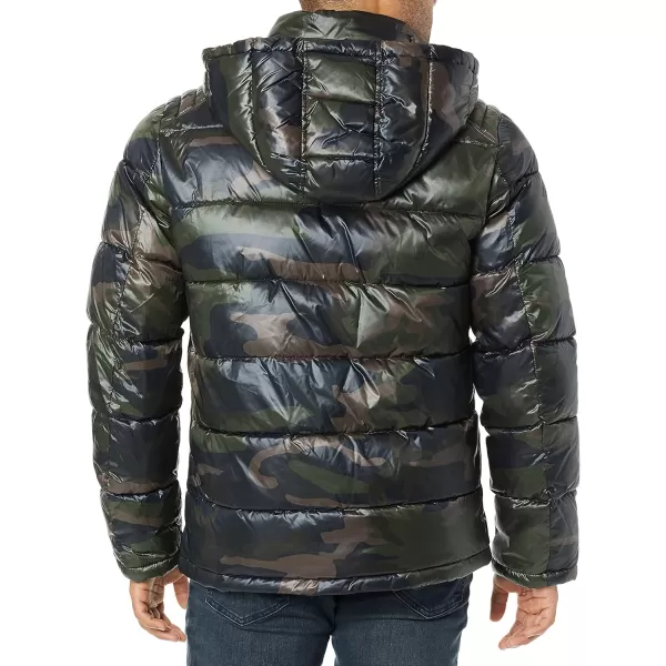 GUESS Mens Midweight Puffer Jacket With Removable HoodDeep Camo Olive Multi