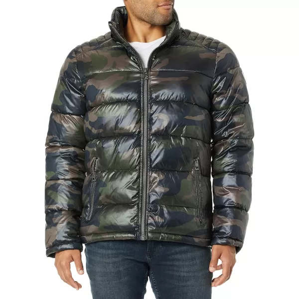 GUESS Mens Midweight Puffer Jacket With Removable HoodDeep Camo Olive Multi