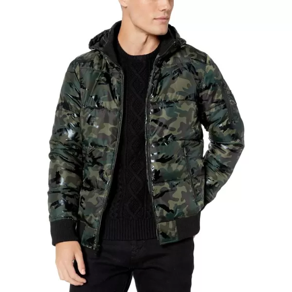 GUESS Mens MidWeight Puffer Jacket With Removable HoodOlive Camo