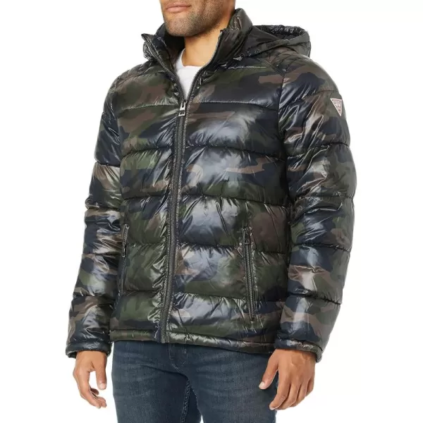 GUESS Mens Midweight Puffer Jacket With Removable HoodDeep Camo Olive Multi