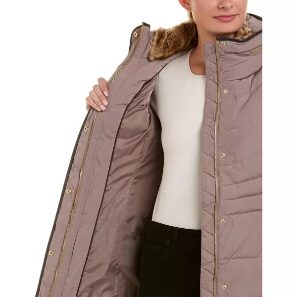 Cole Haan Womens Taffeta Down Coat with Faux Fur CollarCashew