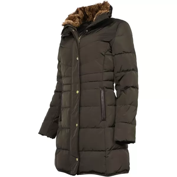 Cole Haan Womens Taffeta Down Coat with Faux Fur CollarForest