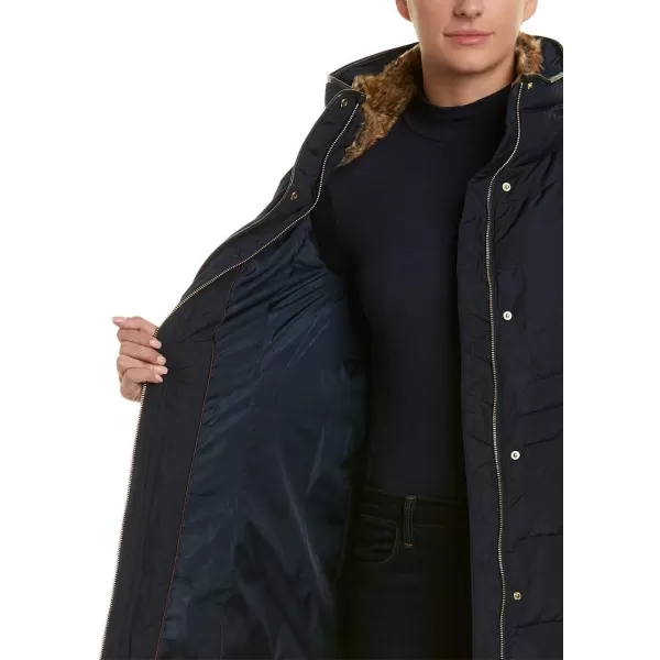 Cole Haan Womens Taffeta Down Coat with Faux Fur CollarNavy