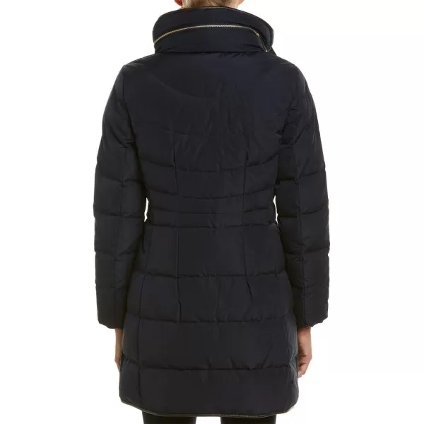 Cole Haan Womens Taffeta Down Coat with Faux Fur CollarNavy