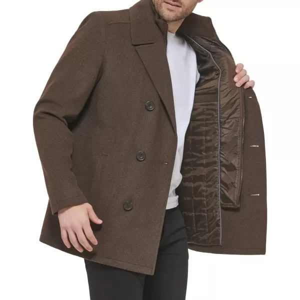 Kenneth Cole Mens Notched Lapel Wool Pea Coat Knit BibMed Brown