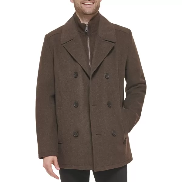 Kenneth Cole Mens Notched Lapel Wool Pea Coat Knit BibMed Brown