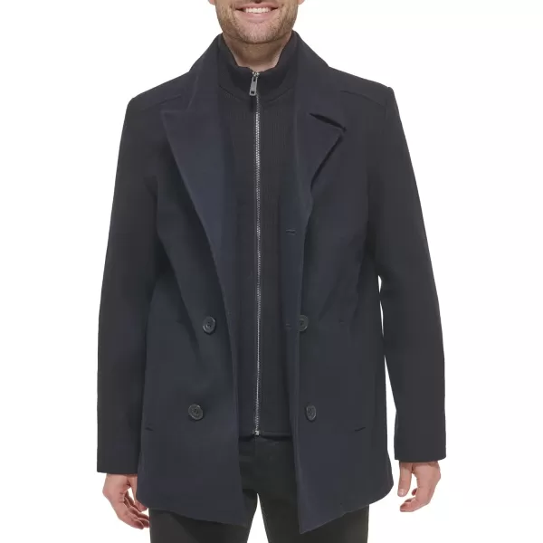 Kenneth Cole Mens Notched Lapel Wool Pea Coat Knit BibNavy