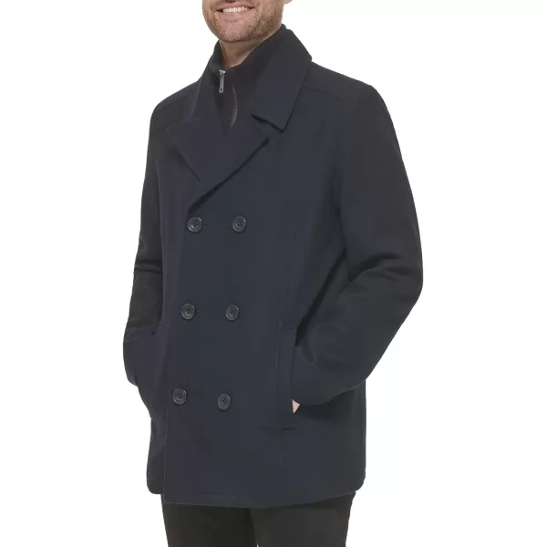 Kenneth Cole Mens Notched Lapel Wool Pea Coat Knit BibNavy