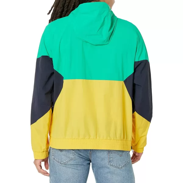 Tommy Hilfiger Mens Retro Lightweight Taslan Hooded Popover Water Resistant Windbreaker JacketAqua GreenNavyYellow