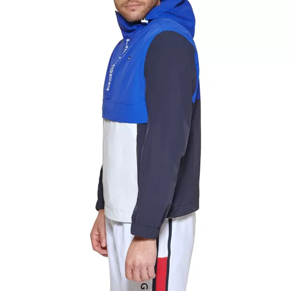 Tommy Hilfiger Mens Retro Lightweight Taslan Hooded Popover Water Resistant Windbreaker JacketAtlantis BlueNavyWhite