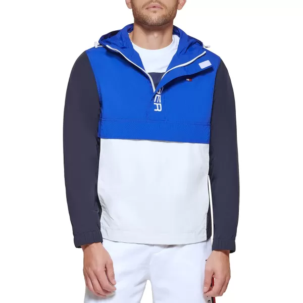 Tommy Hilfiger Mens Retro Lightweight Taslan Hooded Popover Water Resistant Windbreaker JacketAtlantis BlueNavyWhite