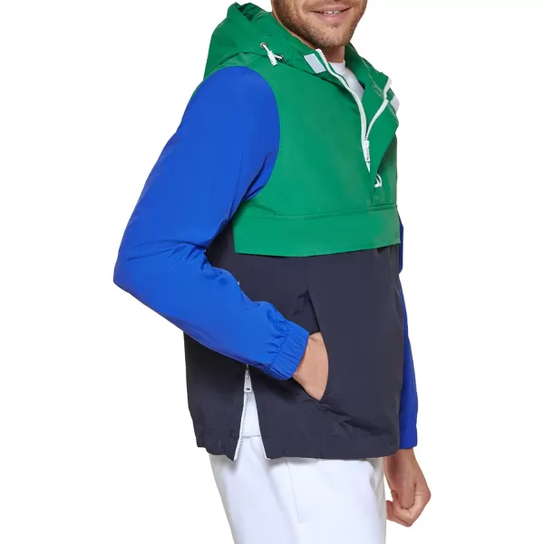 Tommy Hilfiger Mens Retro Lightweight Taslan Hooded Popover Water Resistant Windbreaker JacketGreenNavyRoyal