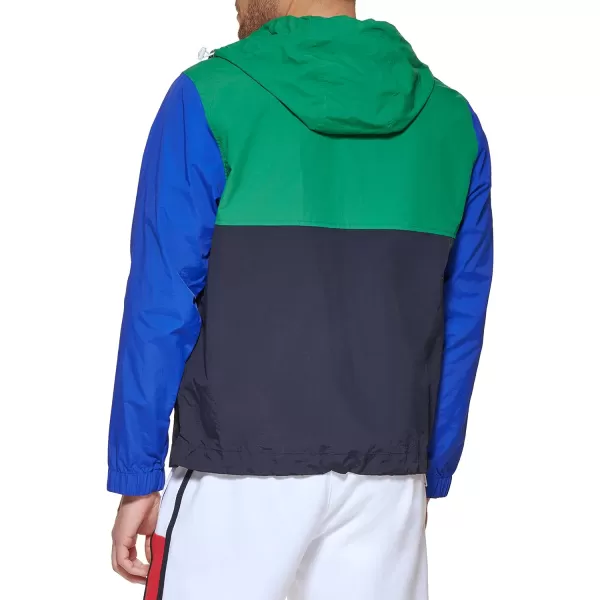 Tommy Hilfiger Mens Retro Lightweight Taslan Hooded Popover Water Resistant Windbreaker JacketGreenNavyRoyal