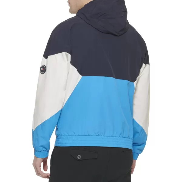 Tommy Hilfiger Mens Retro Lightweight Taslan Hooded Popover Water Resistant Windbreaker JacketNavyBright BlueWhite