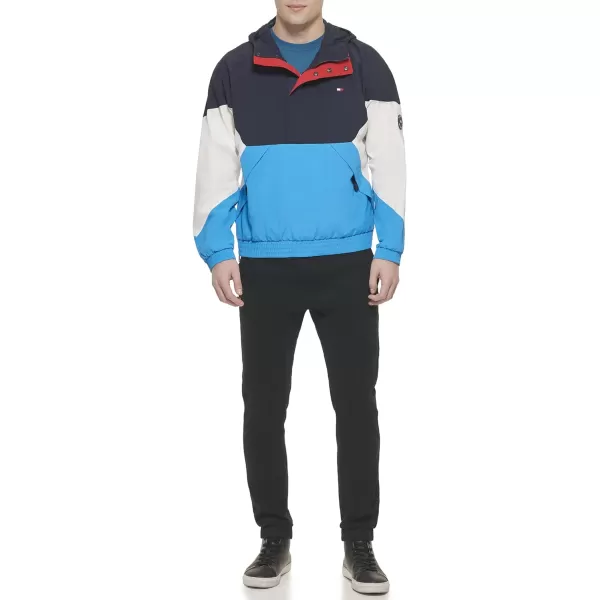 Tommy Hilfiger Mens Retro Lightweight Taslan Hooded Popover Water Resistant Windbreaker JacketNavyBright BlueWhite