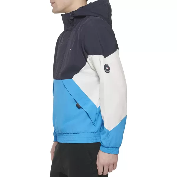 Tommy Hilfiger Mens Retro Lightweight Taslan Hooded Popover Water Resistant Windbreaker JacketNavyBright BlueWhite