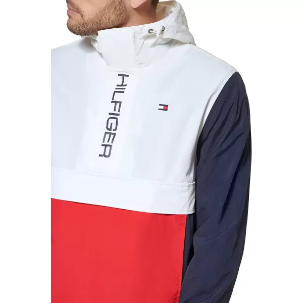 Tommy Hilfiger Mens Retro Lightweight Taslan Hooded Popover Water Resistant Windbreaker JacketNew MidnightIceRed