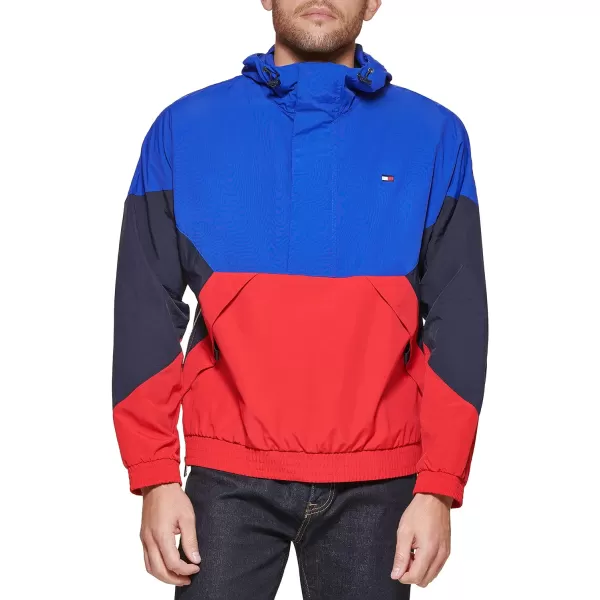 Tommy Hilfiger Mens Retro Lightweight Taslan Hooded Popover Water Resistant Windbreaker JacketRoyal BlueNavyRed