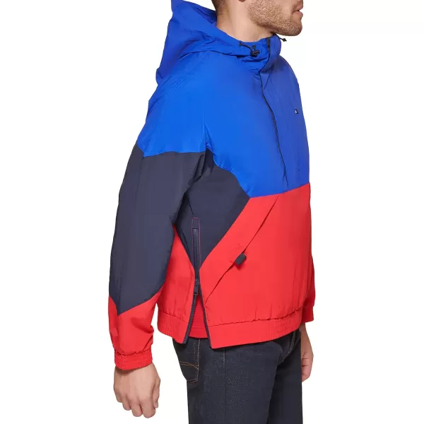 Tommy Hilfiger Mens Retro Lightweight Taslan Hooded Popover Water Resistant Windbreaker JacketRoyal BlueNavyRed