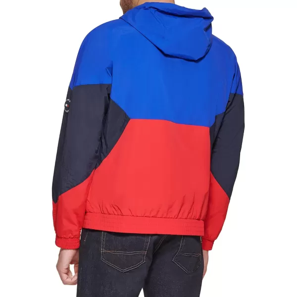 Tommy Hilfiger Mens Retro Lightweight Taslan Hooded Popover Water Resistant Windbreaker JacketRoyal BlueNavyRed