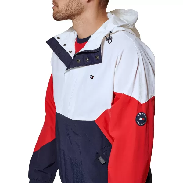 Tommy Hilfiger Mens Retro Lightweight Taslan Hooded Popover Water Resistant Windbreaker JacketTricolor MidnightIceRed