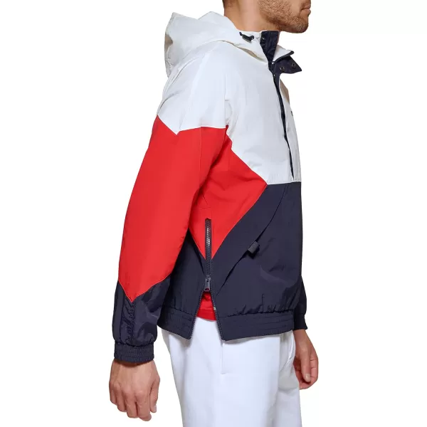 Tommy Hilfiger Mens Retro Lightweight Taslan Hooded Popover Water Resistant Windbreaker JacketTricolor MidnightIceRed