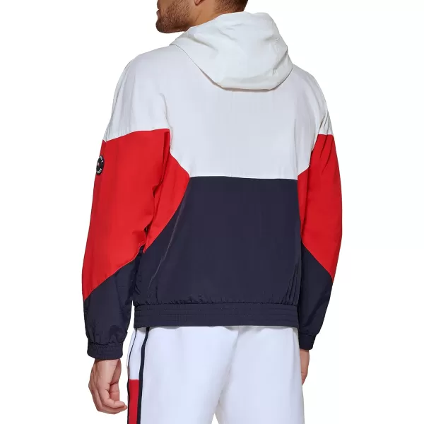 Tommy Hilfiger Mens Retro Lightweight Taslan Hooded Popover Water Resistant Windbreaker JacketTricolor MidnightIceRed