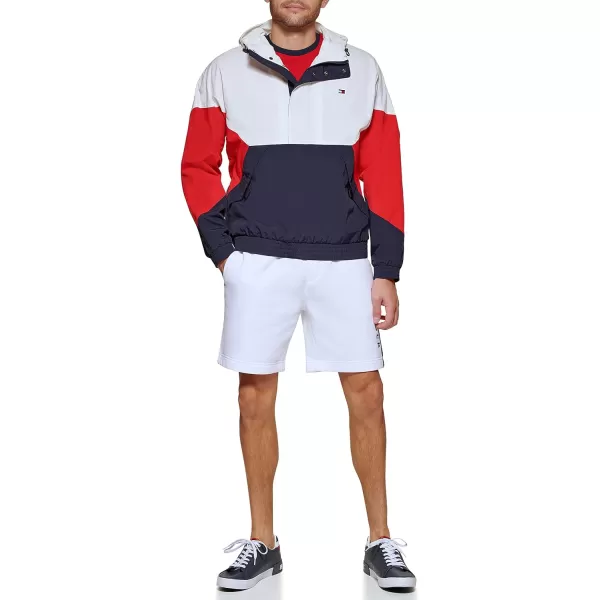 Tommy Hilfiger Mens Retro Lightweight Taslan Hooded Popover Water Resistant Windbreaker JacketTricolor MidnightIceRed