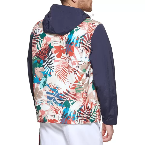 Tommy Hilfiger Mens Retro Lightweight Taslan Hooded Popover Water Resistant Windbreaker JacketTropical Print