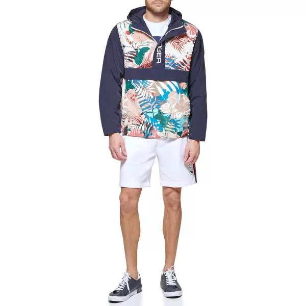 Tommy Hilfiger Mens Retro Lightweight Taslan Hooded Popover Water Resistant Windbreaker JacketTropical Print