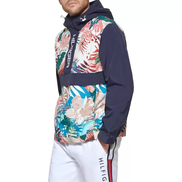 Tommy Hilfiger Mens Retro Lightweight Taslan Hooded Popover Water Resistant Windbreaker JacketTropical Print