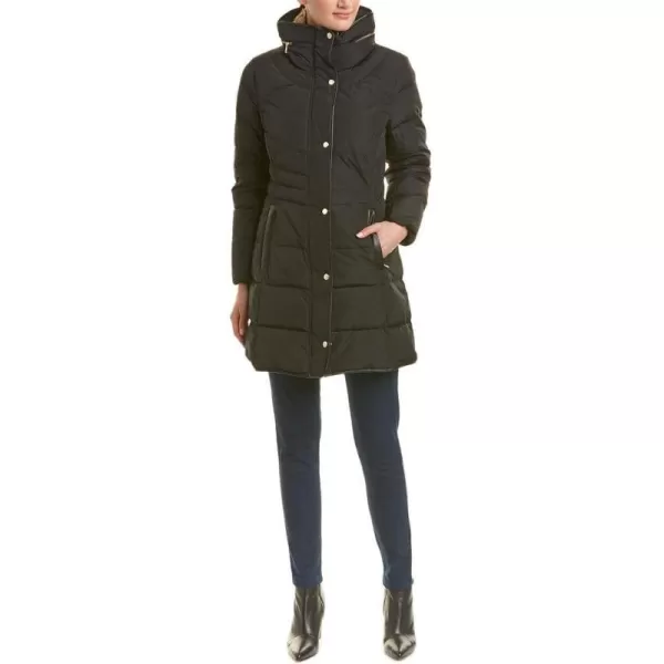 Cole Haan Womens Taffeta Down Coat with Faux Fur CollarBlack